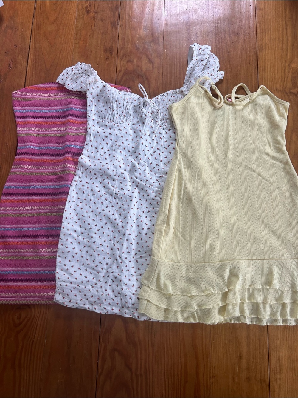 Three Sundress Bundle — Pink, White Floral, Pale Yellow